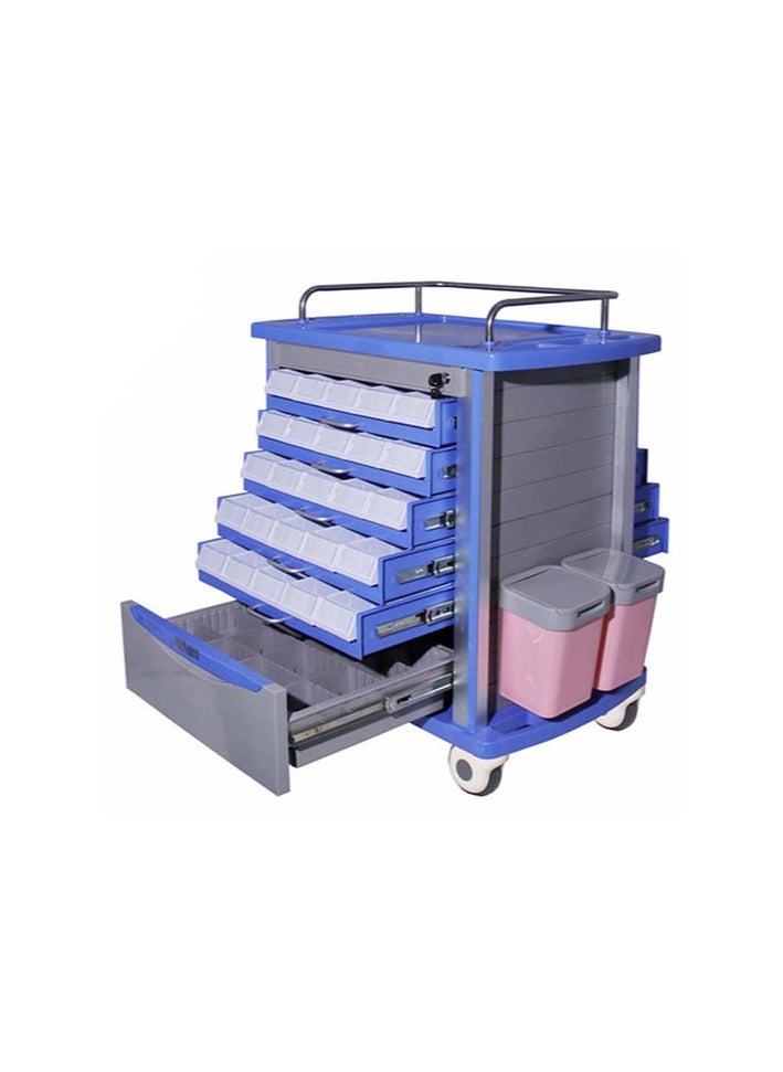 Medicine Trolley for Hospitals | Mobile Medication Container | Aluminum & ABS Structure | Centralized Lock | 10 Drawer Trays | 5 Cassette Bins | Dust Bins with Lids | Ø125mm Castor Wheels