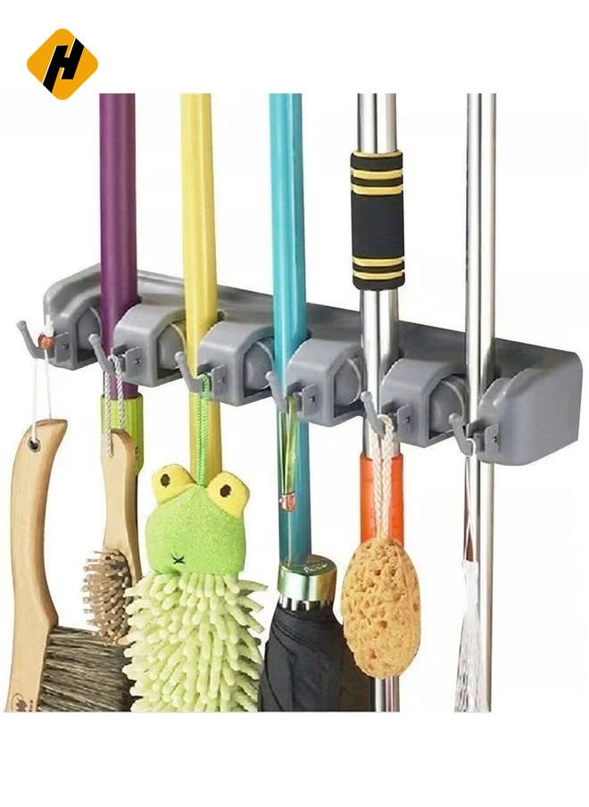 Wall-Mounted Broom and Mop Holder: Plastic Organizer with 4 Positions and 5 Hooks, Holds Up to 9 Tools