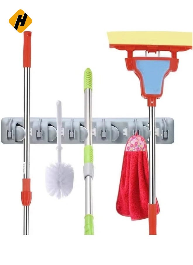 Wall-Mounted Broom and Mop Holder: Plastic Organizer with 4 Positions and 5 Hooks, Holds Up to 9 Tools