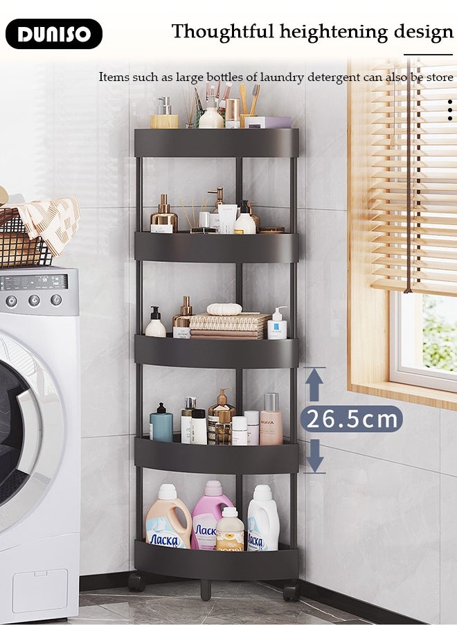 5 Tiers Shower Caddy, Bathroom Corner Shelf Organizer with Wheels, Rust Proof Corner Open Storage Cart, Hollow Design Shower Caddy Corner Shelves,Bathroom Shelving Unit Cart, Shower Shelves for for Bathroom, Kitchen, Laundry