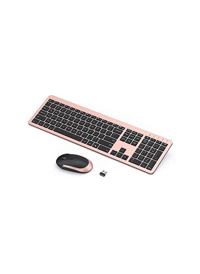 seenda Rechargeable Wireless Keyboard Mouse Combo Full Size Cordless Keyboard & Mouse Sets with Build-in Lithium Battery Ultra Thin Quiet Keyboard Mice (Rose Gold & Black)