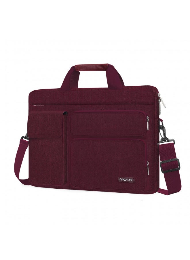 MOSISO Laptop Shoulder Bag Compatible with MacBook Air 15 inch M3 M2 2024 2023/Pro 16 M3 M2 M1 2024-2019,15-15.6 inch Notebook with 2 Raised&1 Flapover&1 Horizontal Pocket&Handle&Belt, Wine Red