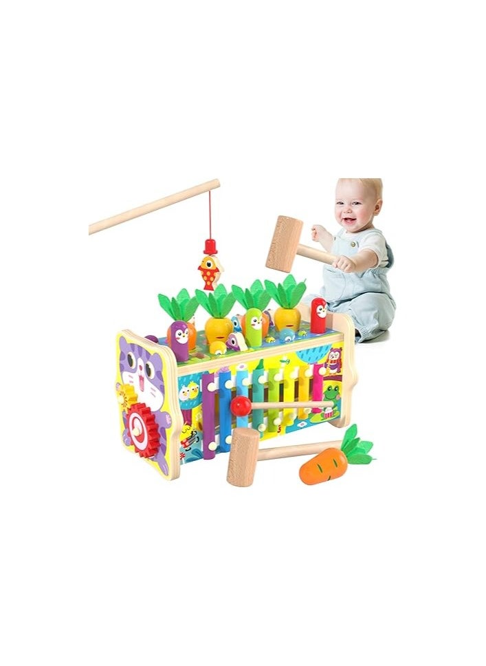 8 in 1 Wooden Hammering Pounding Toys, Montessori Toys for 1+ Year Old Babies, Early Sensory Development Toy with Pounding Bench, Fishing Game Xylophone Toys Gifts for Toddlers Age 1-4