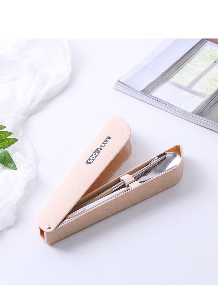 2-Piece 304 Portable Spoon And Chopsticks Set Outdoor Travel Wheat Stainless Steel Cutlery Set Silver/Beige 23x5cm