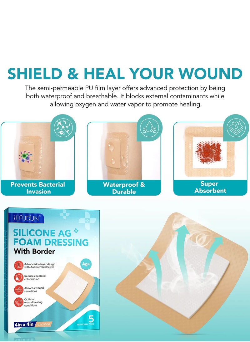 5Pcs Silicone AG Foam Dressing with Border Silicone Adhesive Foam Wound 5 Layer Bed Sore Bandage Foam Wound Dressing Silicone Bordered Sacral Pad with Adhesive Border 10x10 Silicone Foam Dressing Bandage