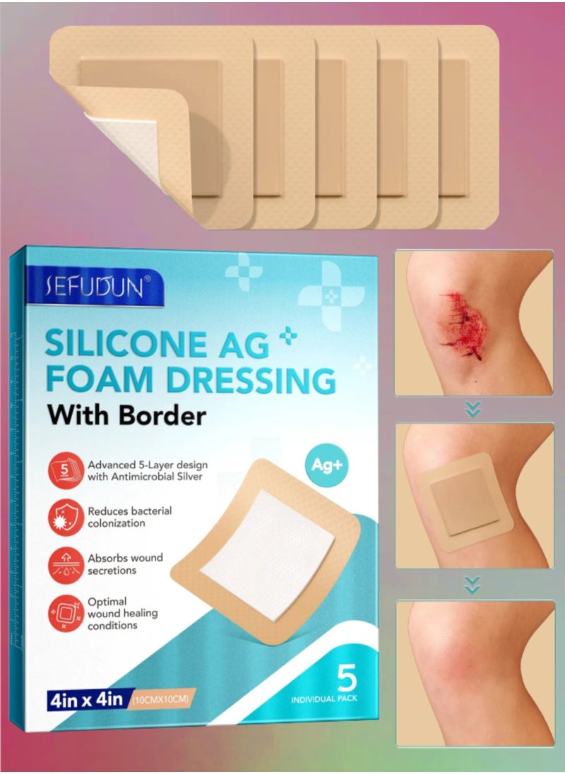 5Pcs Silicone AG Foam Dressing with Border Silicone Adhesive Foam Wound 5 Layer Bed Sore Bandage Foam Wound Dressing Silicone Bordered Sacral Pad with Adhesive Border 10x10 Silicone Foam Dressing Bandage