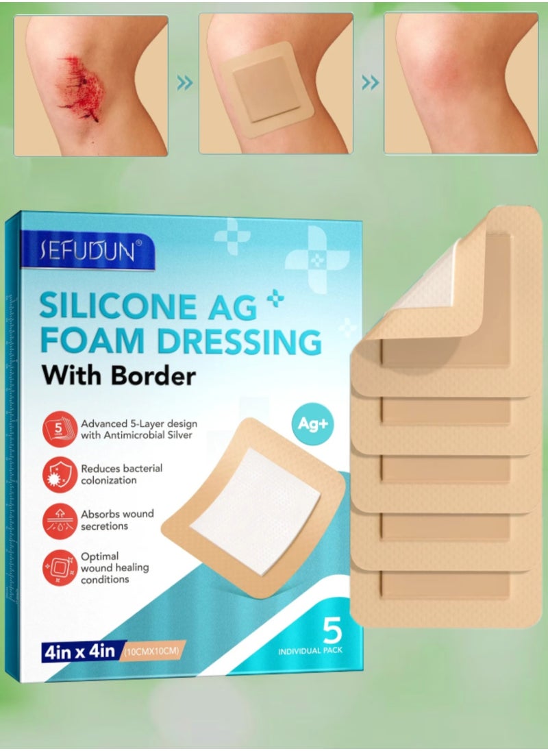 5Pcs Silicone AG Foam Dressing with Border Silicone Adhesive Foam Wound 5 Layer Bed Sore Bandage Foam Wound Dressing Silicone Bordered Sacral Pad with Adhesive Border 10x10 Silicone Foam Dressing Bandage