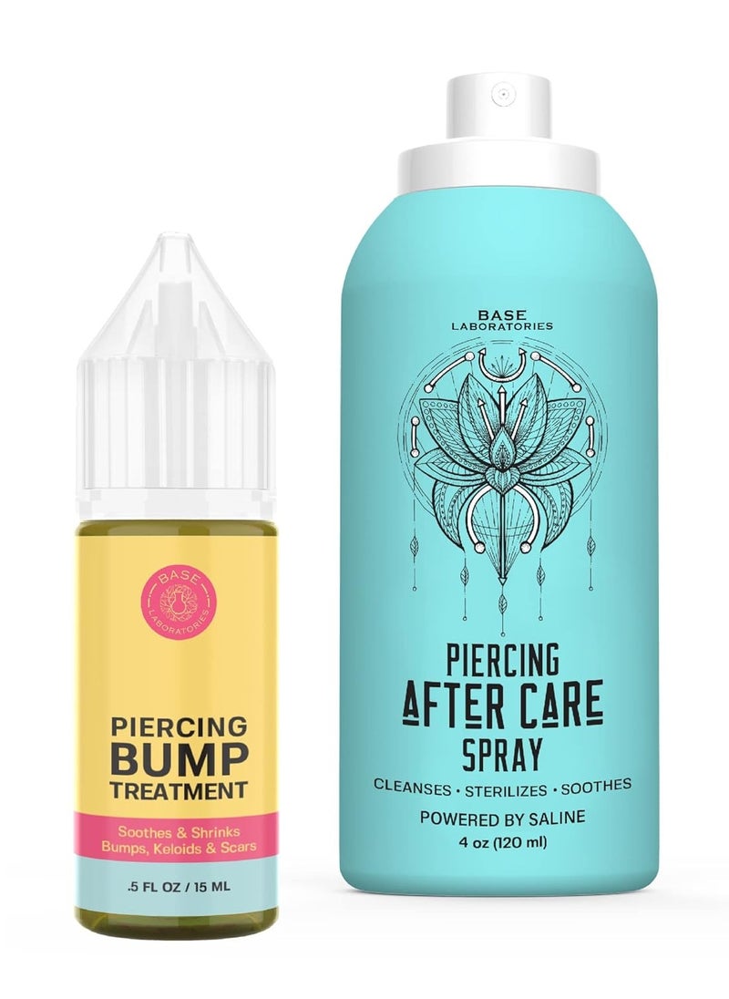 BASE LABORATORIES Piercing Aftercare - Piercing Bump Treatment Kit | Keloid Bump Removal Oil + Piercing Aftercare Spray for Ears, Nose, Body(4oz) | Piercing Cleaner Saline Solution Spray 15ml + 4oz