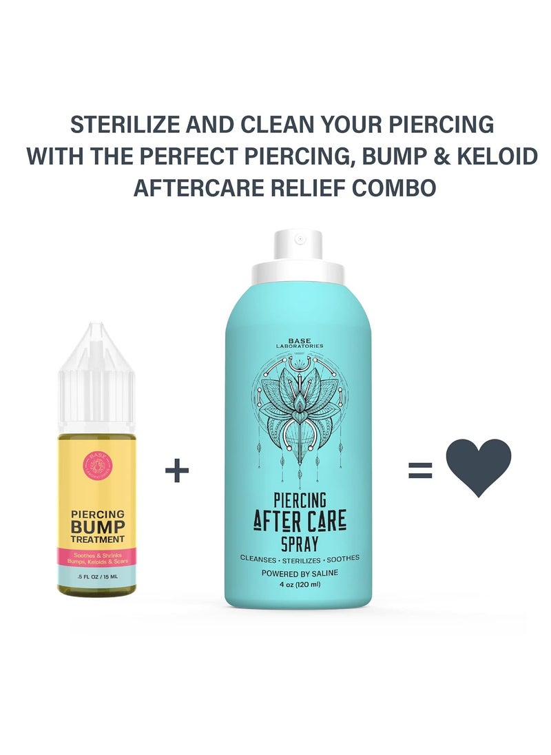 BASE LABORATORIES Piercing Aftercare - Piercing Bump Treatment Kit | Keloid Bump Removal Oil + Piercing Aftercare Spray for Ears, Nose, Body(4oz) | Piercing Cleaner Saline Solution Spray 15ml + 4oz