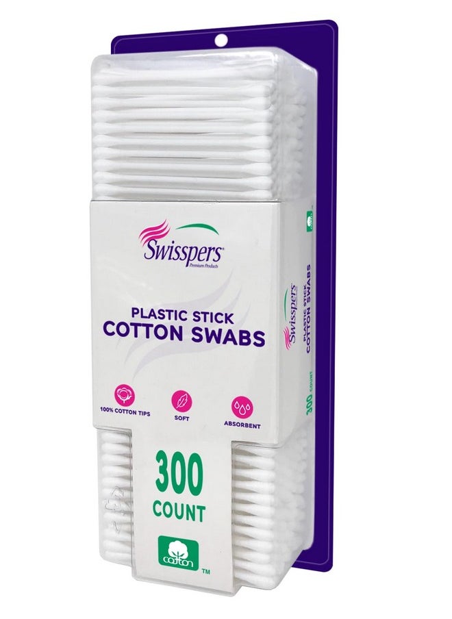 Cotton Swabs, 100% Cotton Double-Tipped, White Plastic Sticks, 300 Count Package