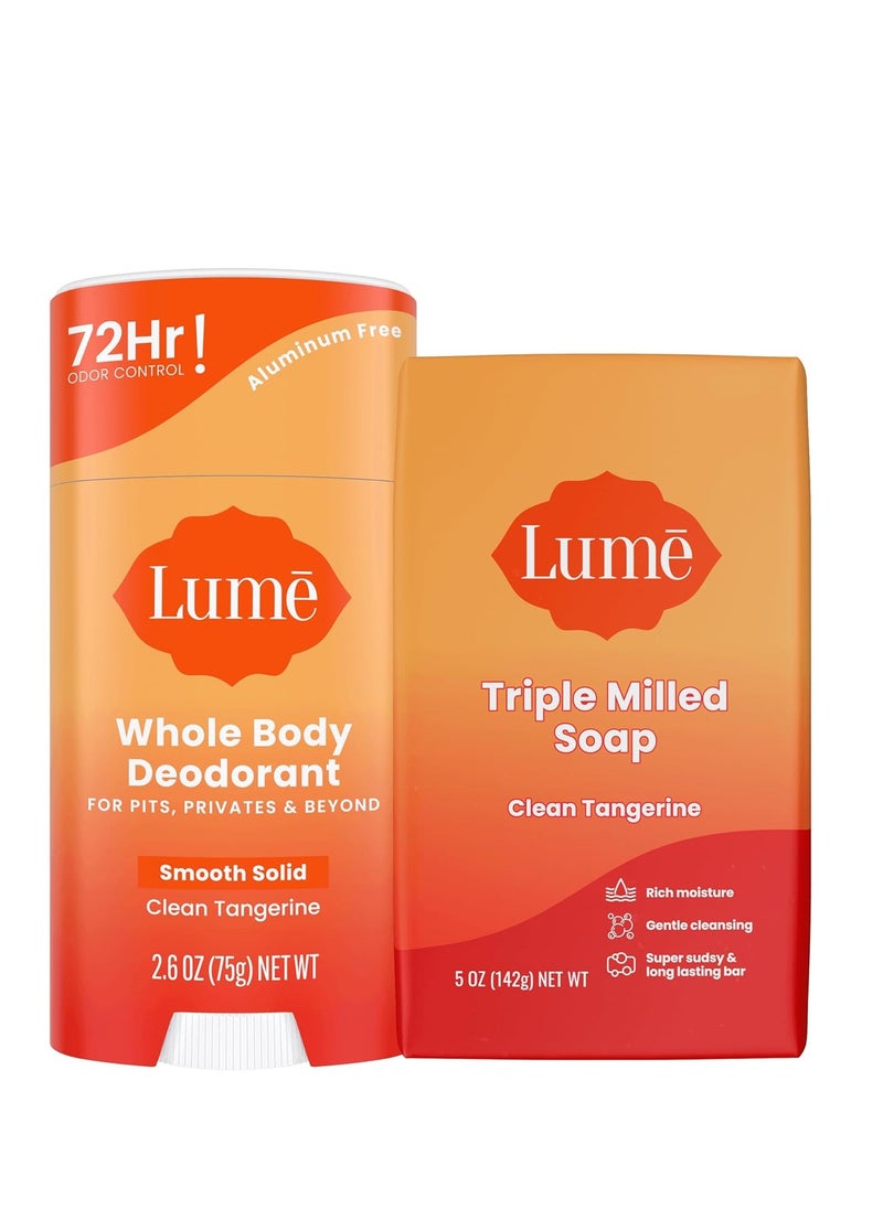 Lume Whole Body Deodorant And Soap - 2.6 Ounce Smooth Solid Stick With 72 Hour Odor Control and 5 Ounce Triple Milled Soap - Aluminum Free, Baking Soda Free and Skin Loving (Clean Tangerine)