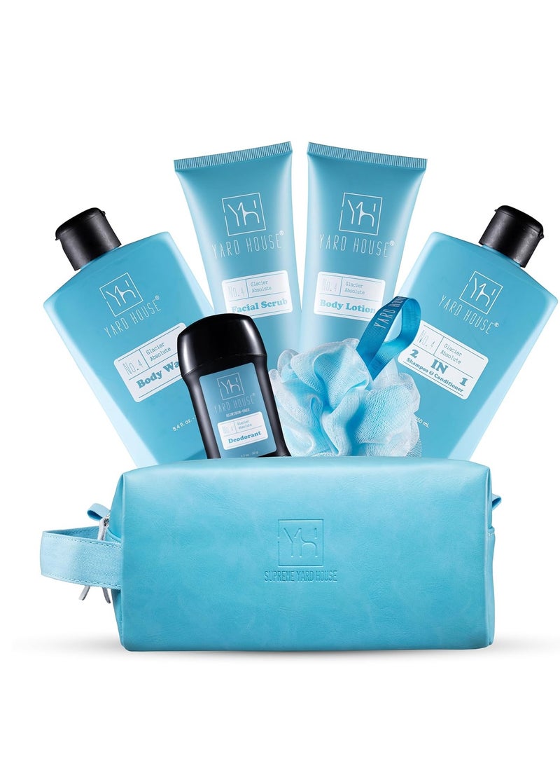 Bath and Body Mens Gift Set - Glacier Absolute - Premium Fathers Day Birthday Christmas Gifts Ideas For Him - Skin Care Kits For Men in Leather Toiletry Bag w. Full Size Items