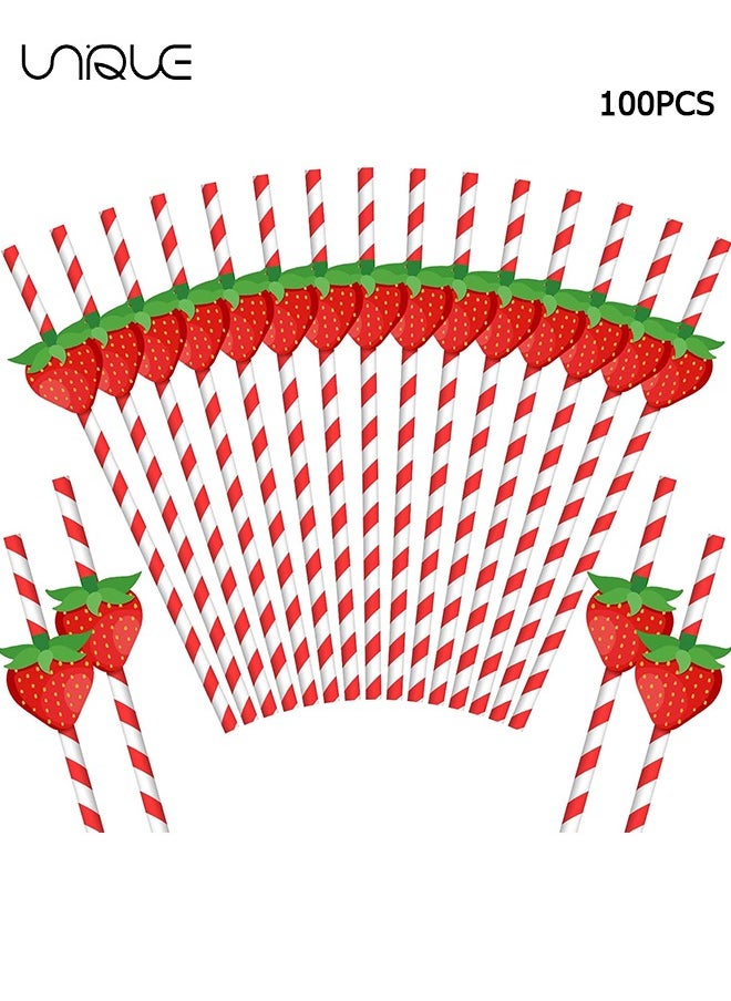 100 Pcs Strawberry Straws - Disposable Drinking Straws - Cute Paper Straws with Stripes for Juice - Milkshake - Birthday Decorations - Strawberry Party Favors - 7.76 Inches