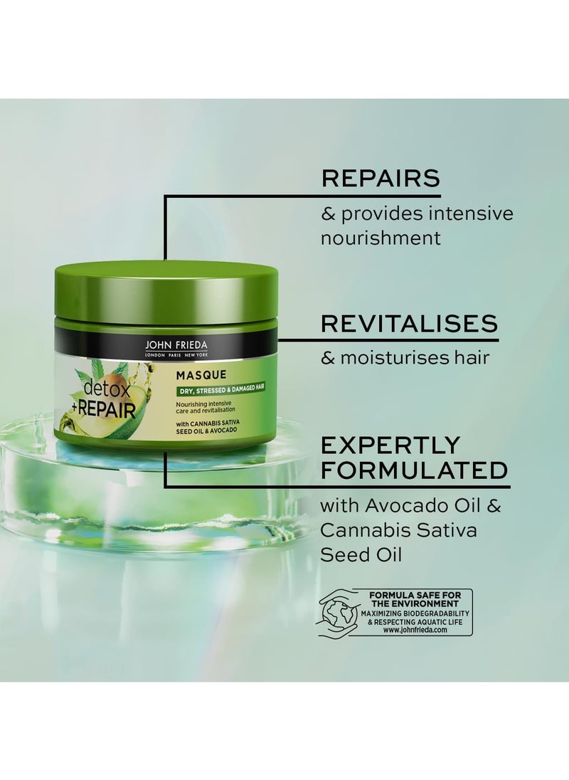 John Frieda Detox & Repair Masque 250 Ml, Intensive Deep Conditioner For Dry, Stressed And Damaged Hair, Nourishing Hair Mask With Cannabis Sativa Seed Oil And Avocado