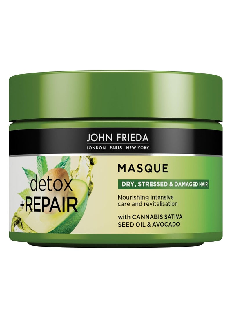 John Frieda Detox & Repair Masque 250 Ml, Intensive Deep Conditioner For Dry, Stressed And Damaged Hair, Nourishing Hair Mask With Cannabis Sativa Seed Oil And Avocado