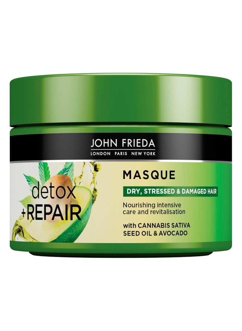 John Frieda Detox & Repair Masque 250 Ml, Intensive Deep Conditioner For Dry, Stressed And Damaged Hair, Nourishing Hair Mask With Cannabis Sativa Seed Oil And Avocado