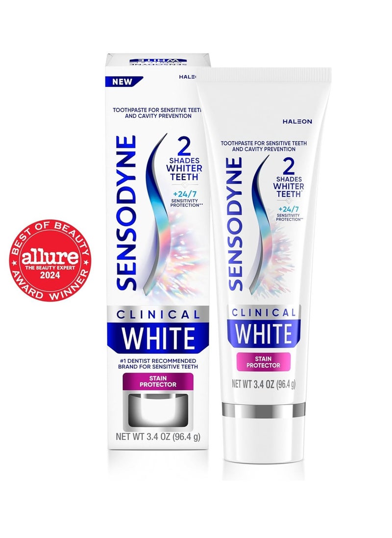 Sensodyne Clinical White Toothpaste Clinically Proven Whitening for Sensitive Teeth, Stain Protector, 3.4 oz