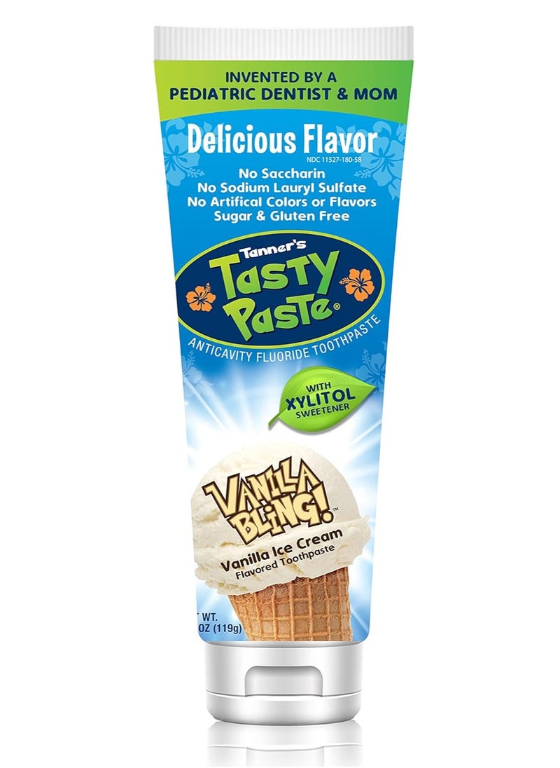 Tanner's Tasty Paste Vanilla Bling - Anticavity Fluoride Children’s Toothpaste/Great Tasting, Safe, and Effective Vanilla Flavored Toothpaste for Kids (4.2 oz.)