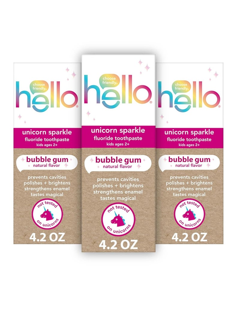 hello Unicorn Sparkle Kids Fluoride Toothpaste, Natural Bubble Gum Flavor, ADA Approved, Ages 2+, No Artificial Sweeteners, No SLS, Gluten Free, Vegan, Pack of 3, 4.2 oz Tubes