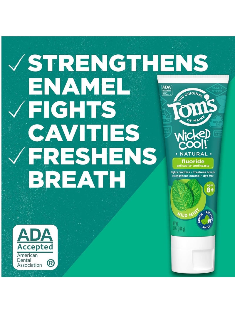 Tom's of Maine ADA Approved Wicked Cool! Fluoride Children's Toothpaste, Natural Toothpaste, Dye Free, No Artificial Preservatives, Mild Mint, 5.1 oz. 3-Pack (Packaging May Vary)