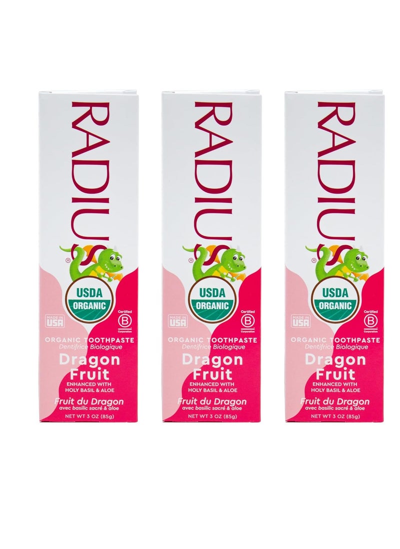 RADIUS USDA Organic Kids Toothpaste 3oz Non Toxic Chemical-Free Gluten-Free Designed to Improve Gum Health for Children's 6 Months and Up - Dragon Fruit - Pack of 3