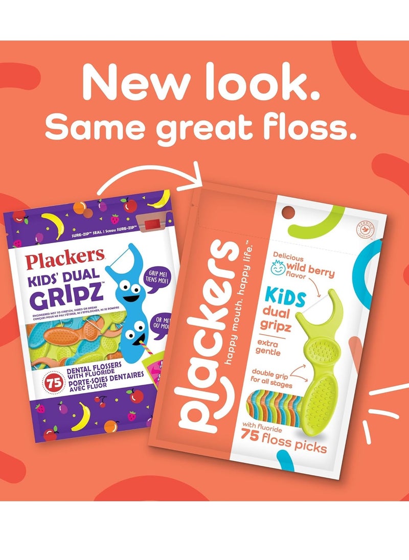 Plackers Kids Dual Gripz Floss Picks with Double Grip handle, Wild Berry Flavor, Colorful Floss Picks for Kids of All Ages, 75 Count (Pack of 4)