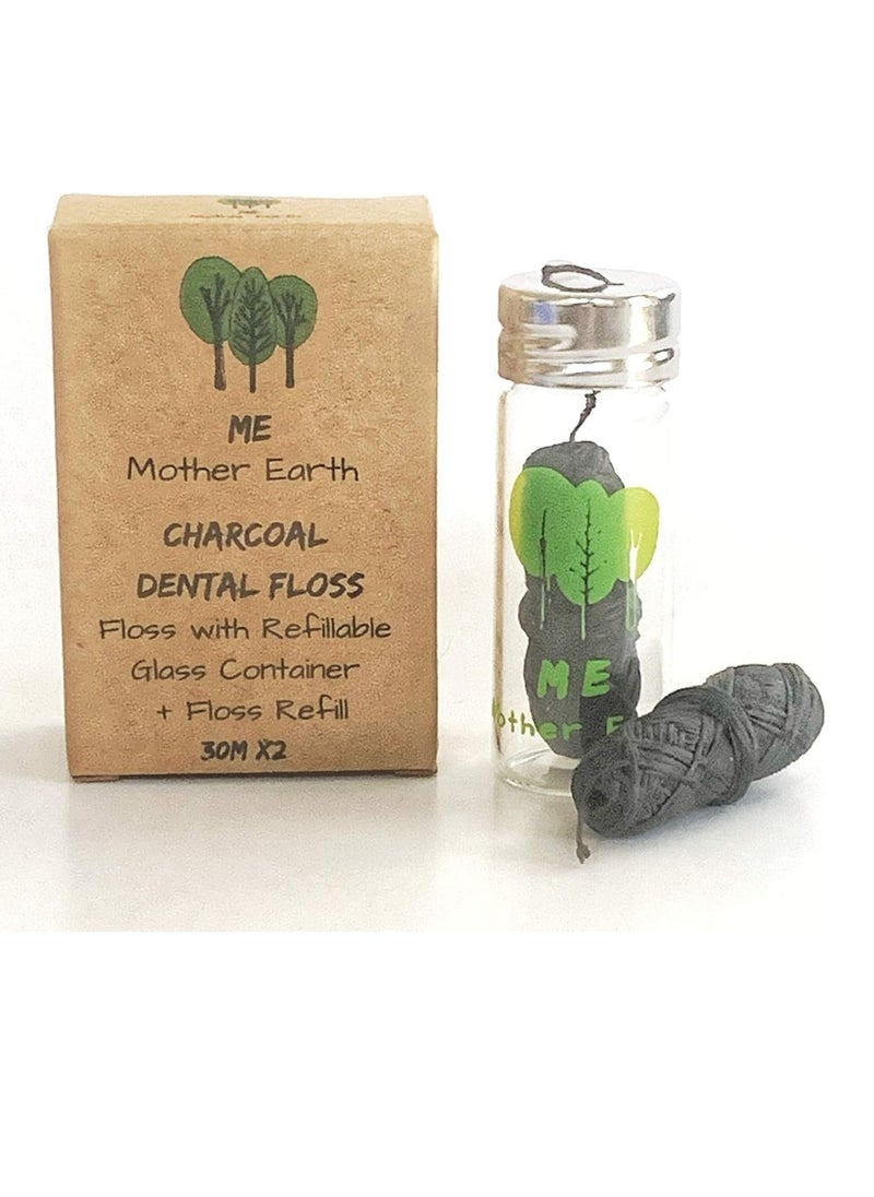 Vegan Biodegradable Bamboo Charcoal Dental Floss with Refillable Glass Container | Free Refill | Natural Candelilla Wax | 30M x2 | Peppermint Essential Oil | Eco Friendly Zero Waste Oral Care