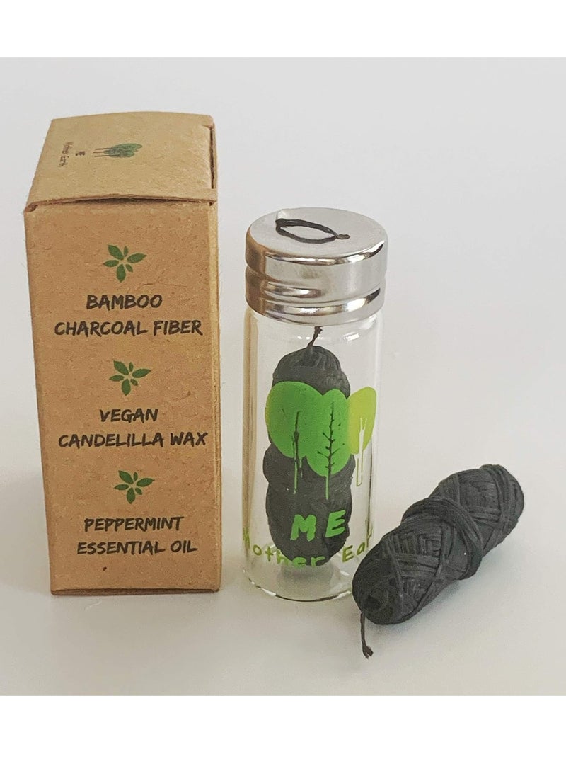 Vegan Biodegradable Bamboo Charcoal Dental Floss with Refillable Glass Container | Free Refill | Natural Candelilla Wax | 30M x2 | Peppermint Essential Oil | Eco Friendly Zero Waste Oral Care