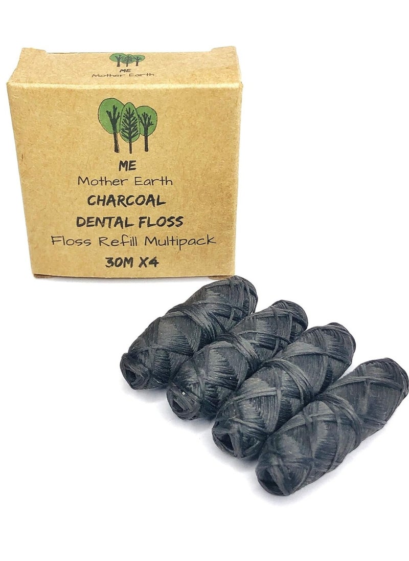 Vegan Biodegradable Bamboo Charcoal Dental Floss Refill Refill | Natural Candelilla Wax | 30M x4 | Peppermint Essential Oil | Eco Friendly Zero Waste Oral Care | 4 Pack