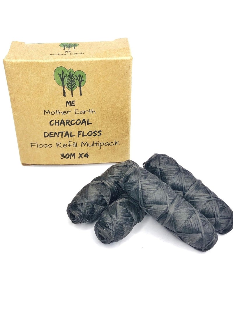 Vegan Biodegradable Bamboo Charcoal Dental Floss Refill Refill | Natural Candelilla Wax | 30M x4 | Peppermint Essential Oil | Eco Friendly Zero Waste Oral Care | 4 Pack