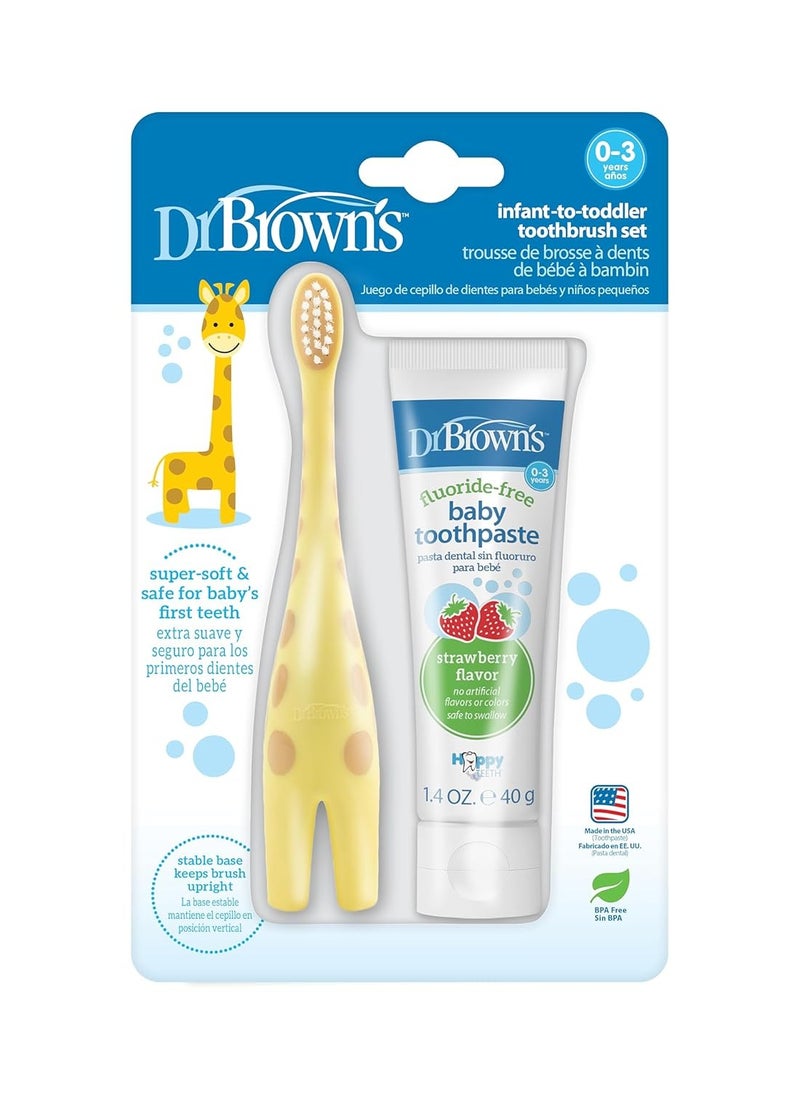 Dr. Brown's Infant-to-Toddler Training Toothbrush Set with Fluoride-Free Baby Toothpaste, Strawberry - Giraffe - 1.4oz - 0-3 years