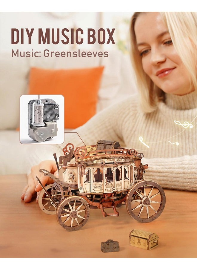 3D Wooden Puzzles For Adults-Stagecoach Music Box Kit-Diy Wood Model Kits For Adults-Toy Gifts For Ages 14 And Up