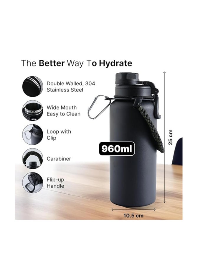 The Better Home Scout Series Insulated Water Bottle 960ml | Thermos Stainless Steel Water Bottle | Vacuum Insulated Flask with Rope and Carabiner| Hot & Cold Water Bottle for Travel & Adventure|Black