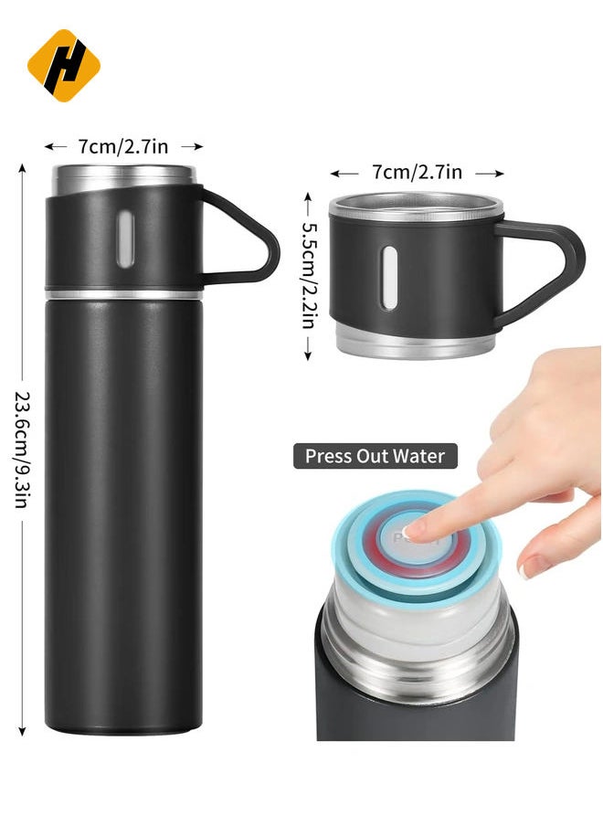 OZ Stainless Steel Thermo Bottle with 3 Cups, Insulated Coffee Water bottle for Hot and Cold Drinks, Vacuum Flask Set