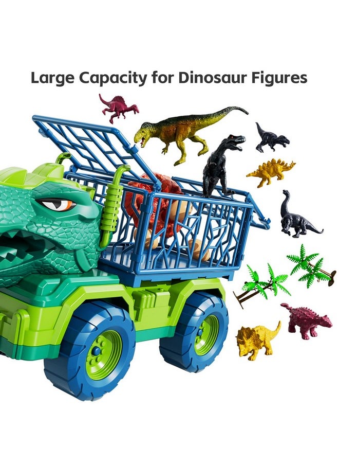 Dinosaur Truck Toys For Kids 3-5 Years, Tyrannosaurus Transport Car Carrier Truck With 8 Dino Figures, Activity Play Mat, Dinosaur Eggs, Trees, Capture Jurassic Play Set For Boys And Girls