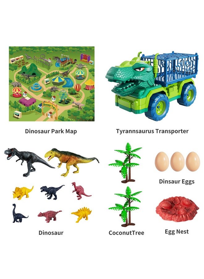 Dinosaur Truck Toys For Kids 3-5 Years, Tyrannosaurus Transport Car Carrier Truck With 8 Dino Figures, Activity Play Mat, Dinosaur Eggs, Trees, Capture Jurassic Play Set For Boys And Girls