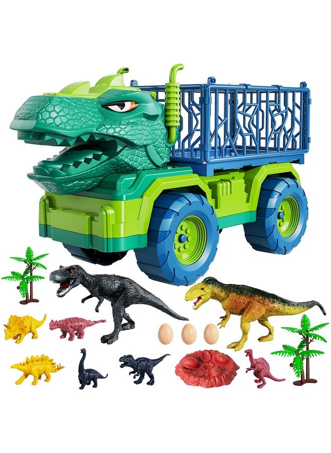 Dinosaur Truck Toys For Kids 3-5 Years, Tyrannosaurus Transport Car Carrier Truck With 8 Dino Figures, Activity Play Mat, Dinosaur Eggs, Trees, Capture Jurassic Play Set For Boys And Girls