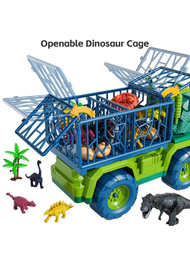 Dinosaur Truck Toys For Kids 3-5 Years, Tyrannosaurus Transport Car Carrier Truck With 8 Dino Figures, Activity Play Mat, Dinosaur Eggs, Trees, Capture Jurassic Play Set For Boys And Girls