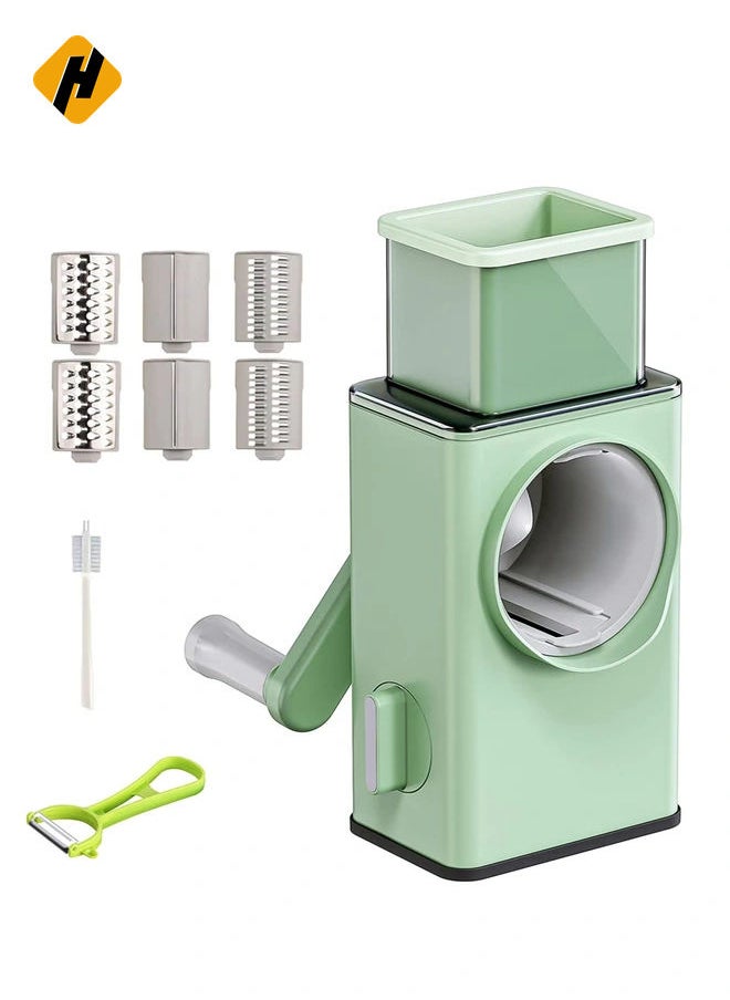 Rotary Vegetable Cutter + Cheese Grater - Vegetable Shredder Round Mandoline Slicer, Grater, Salad Maker - Large Feed Port - Suction Base - Vegetable, Fruit, Cookie, OREO, Nuts (Green)