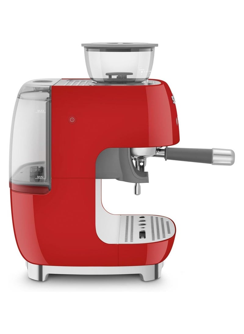 50’s Style Red Coffee Machine with Built-in Grinder, Stainless Steel Wand for Microfoam, Retro Design