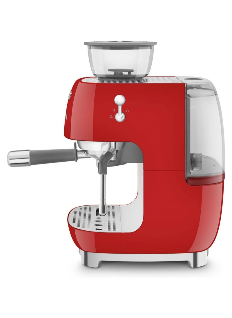 50’s Style Red Coffee Machine with Built-in Grinder, Stainless Steel Wand for Microfoam, Retro Design