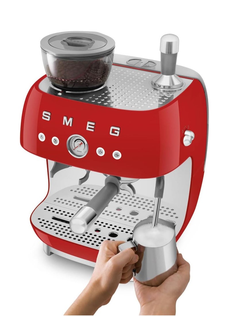 50’s Style Red Coffee Machine with Built-in Grinder, Stainless Steel Wand for Microfoam, Retro Design