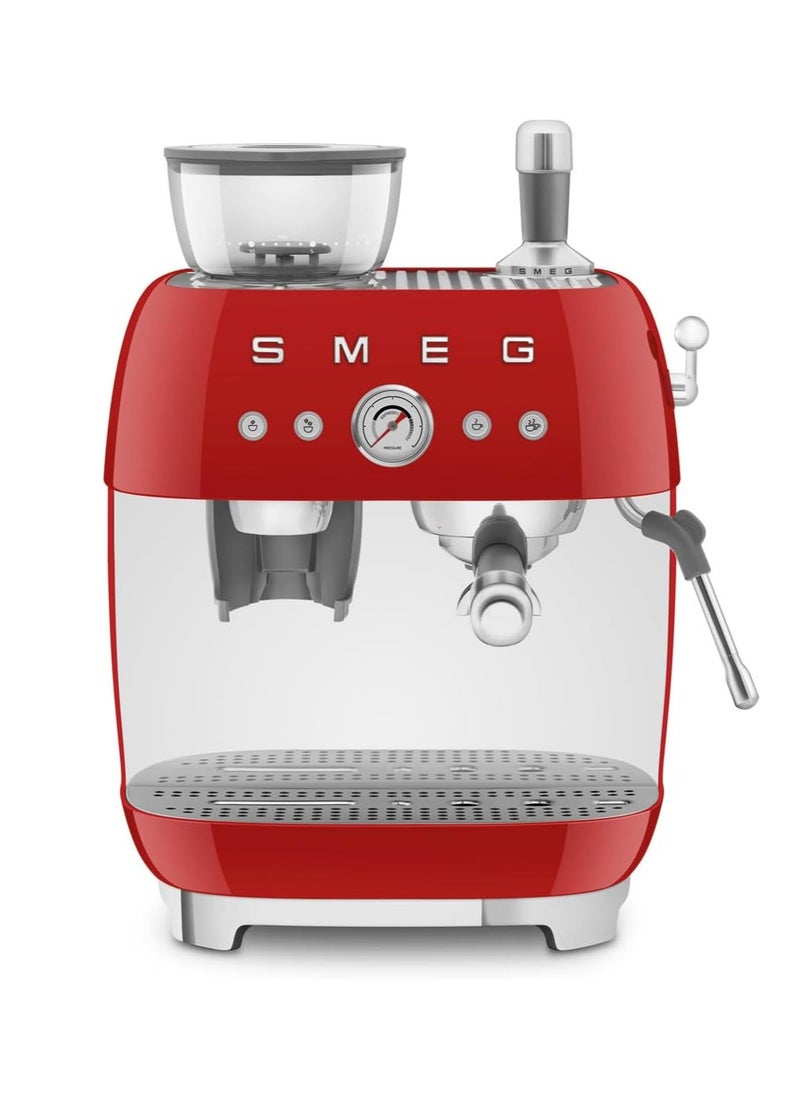 50’s Style Red Coffee Machine with Built-in Grinder, Stainless Steel Wand for Microfoam, Retro Design