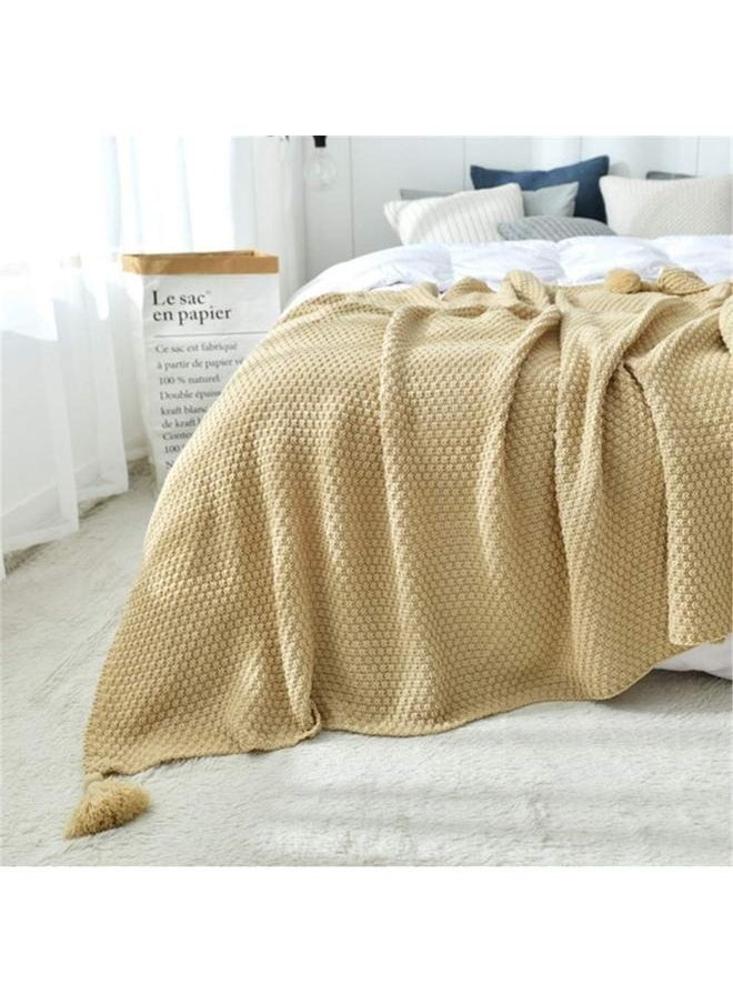 Tassel Design Warm Blanket Polyester Beige 130x170cm,Throw Blanket Ultra Soft Natural Premium for Couch Sofa Bed with Handmade Tassels for Couch Chairs Bed Beach Sofa Picnic