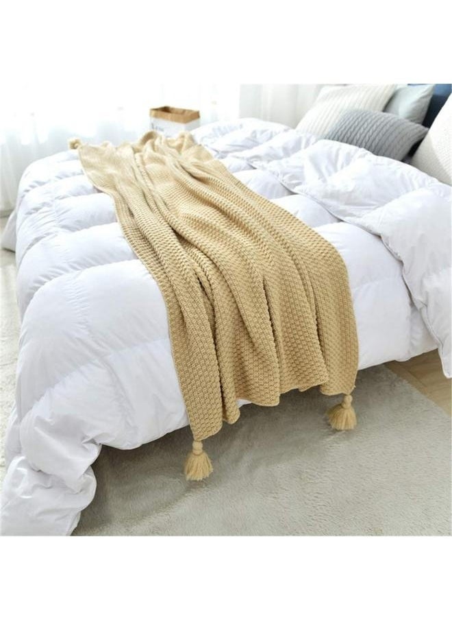 Tassel Design Warm Blanket Polyester Beige 130x170cm,Throw Blanket Ultra Soft Natural Premium for Couch Sofa Bed with Handmade Tassels for Couch Chairs Bed Beach Sofa Picnic