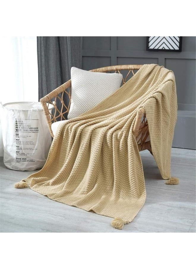 Tassel Design Warm Blanket Polyester Beige 130x170cm,Throw Blanket Ultra Soft Natural Premium for Couch Sofa Bed with Handmade Tassels for Couch Chairs Bed Beach Sofa Picnic