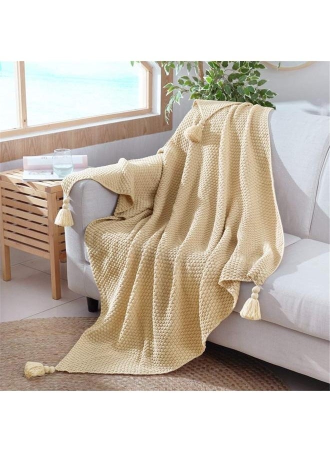 Tassel Design Warm Blanket Polyester Beige 130x170cm,Throw Blanket Ultra Soft Natural Premium for Couch Sofa Bed with Handmade Tassels for Couch Chairs Bed Beach Sofa Picnic