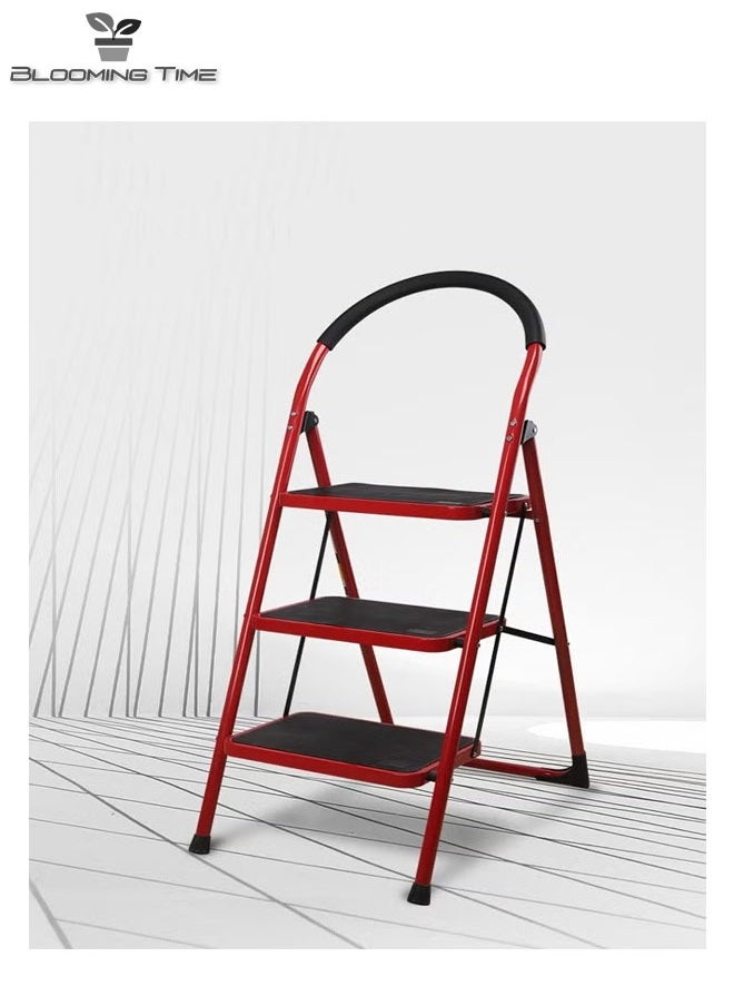 3-Layer Folding Step Ladder, Non-Slip Handle, Foldable, Black And Red