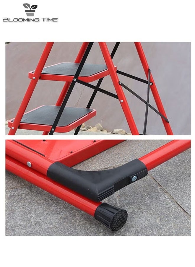 3-Layer Folding Step Ladder, Non-Slip Handle, Foldable, Black And Red