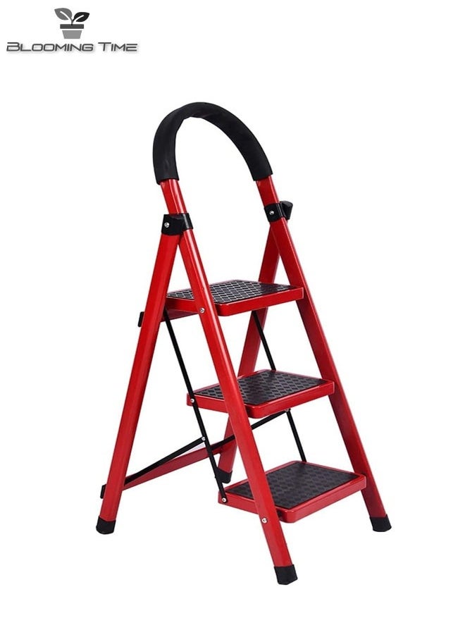 3-Layer Folding Step Ladder, Non-Slip Handle, Foldable, Black And Red